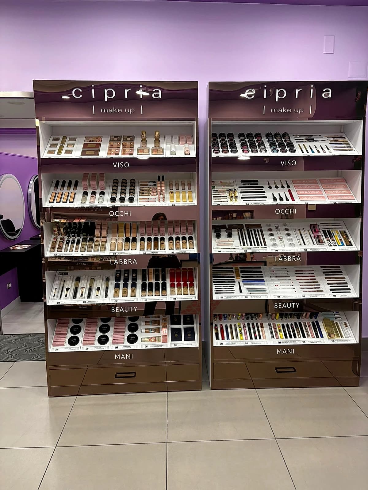 Espositori make-up completi Cipria Milano con tester viso occhi e labbra